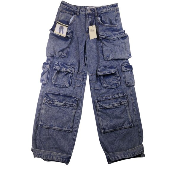 Rise High Rise Wide Multi Cargo‎ Blue Jeans Women's Size 9 - Picture 1 of 8